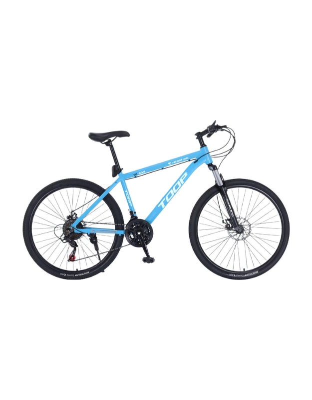 Side view of TOOP 26" mountain bike in blue color with disc brakes